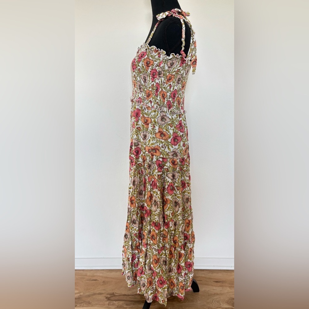 Abel the Label Floral Print Smocked Shoulder Tie Tiered Maxi Dress - Size XS - Picture 4 of 5